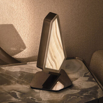 Exceptional Visionnaire Astralis table lamp with sculpted metal base and exquisite onyx diffusers in brushed linear satin finish