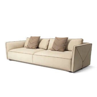 Distinguished Visionnaire Bastian sofa with light beige leather upholstery and dark brown padded tile detailing, finished with satinized stainless steel friezes
