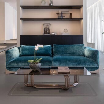 Distinctive Visionnaire Ca’ Foscari sofa with plush deep teal velvet upholstery and polished steel accents