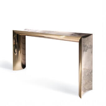Distinguished Visionnaire Ekos console built with warm gold metalwork and grey beige veined solid marble with polished stainless steel