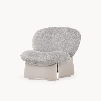 Exceptional Visionnaire Flame lounge chair with curved multilayer wood shell, plush light gray textile and satin stainless steel leather base