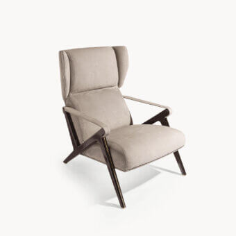 Captivating Visionnaire Imagine lounge chair with poplar wood, muted gray suede-like textile and glossy black lacquered legs