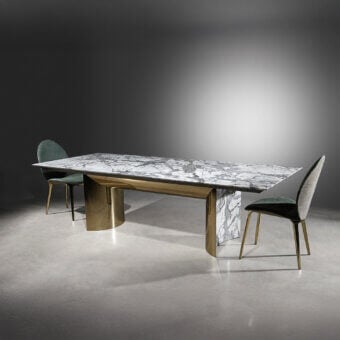 Distinguished Visionnaire Kerwan table crafted with grey and white veined marble, satin-finish steel, plus sculpted legs