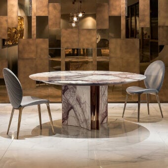 Exceptional Visionnaire Kerwan table with grey, white and reddish-brown veined marble and polished stainless steel sculptural base
