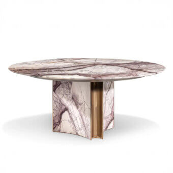 Distinguished Visionnaire Kerwan table with polished marble, cream, white and purple veining, plus curved stainless steel base