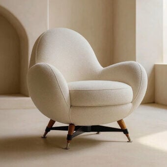 Superior Visionnaire Mercury lounge chair with light beige textured fabric and black steel five-spoke base built with brass-lacquered wood feet