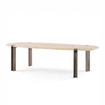 Distinguished Visionnaire Mystic table with Dover White marble and textured cast aluminum legs in matte and polished finish