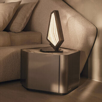 Captivating Visionnaire Neolito nightstand in muted bronze metallic lacquer and unique “leather”-finish marble displaying clean lines