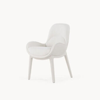 Exceptional Visionnaire Opus armchair with textured light neutral fabric and curved cylindrical bands built with stainless steel base