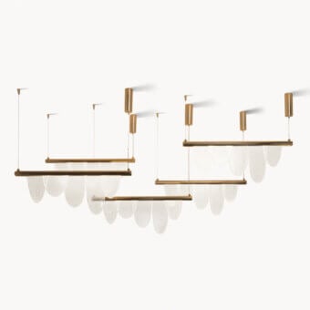 Distinguished Visionnaire Parade suspension lamp with cascading kiln-cast glass diffusers and golden satin finish metal framework
