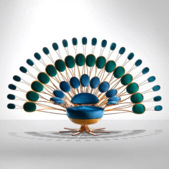 Exceptional Visionnaire Pavone Throne lounge chair with sculpted brass backrest finished in polished steel and teal fabric upholstery