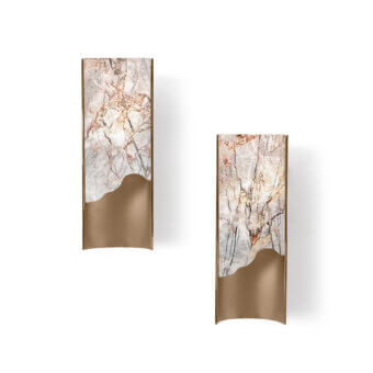 Distinguished Visionnaire Polaris wall lamp with contoured aluminum and light gray marble, showcasing a satin and glossy finish