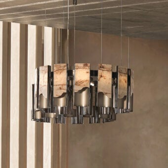 Exceptional Visionnaire Polaris chandelier with curved aluminum and organically cut onyx diffusers in glossy and satin finish