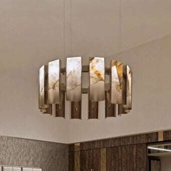 Distinguished Visionnaire Polaris chandelier with curved aluminum elements and backlit onyx diffusers in glossy and satin finish