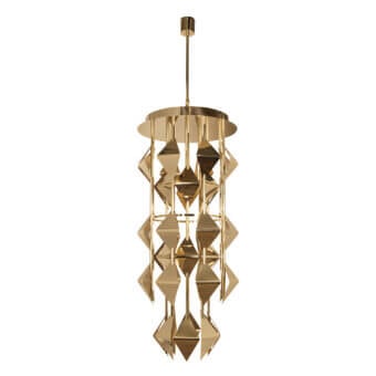 Exclusive Visionnaire Sputnik chandelier with tubular steel and cold-deformed rhomboidal diffusers in a high-gloss gold tone finish