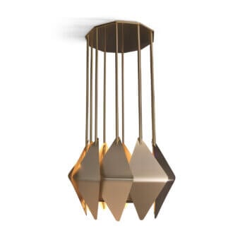 Exclusive Visionnaire Sputnik chandelier with ten tubular steel rods and faceted artisanal cast glass shades in satin gold finish