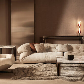Superior Visionnaire Vixen side table with polished marble top and dynamic dark matte stainless steel aluminum base