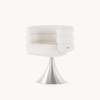 Distinctive Visionnaire Voluptas armchair with textured light cream textile and polished stainless steel base offering adjustable height