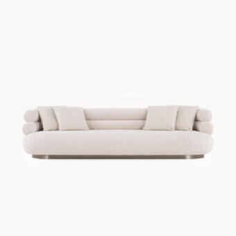 Exceptional Visionnaire Voluptas sofa with sculpted backrest, neutral beige stretch fabric upholstery, and satin-finish steel plinth base