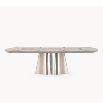 Distinguished Visionnaire Vortex table with light grey marble and satin-finished stainless steel conical base