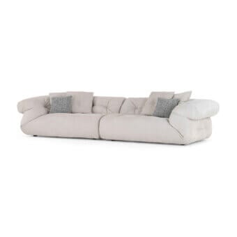 Distinguished Visionnaire Walker sofa upholstered in light beige textured fabric with enveloping goose down quilt and Memory Foam seat cushions