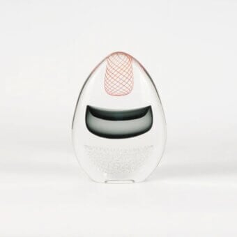 Exceptional Wave Murano Glass Flux sculpture with clear glass, dark gray crescent, and reddish-orange accents crafted using traditional techniques