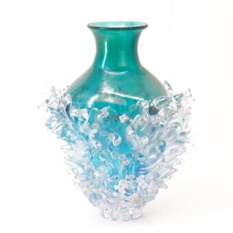 Exceptional Wave Murano Glass Plume vase in aquamarine with iridescent textured glass plumes showcasing a contemporary, glossy finish