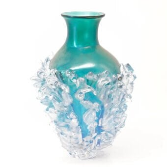 Distinguished Wave Murano Glass Plume vase in teal gradients to clear glass with iridescent finish and plume formations