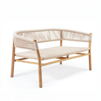 Exceptional Ethimo Kilt sofa with a gently curved form crafted in teak and a natural fiber weave