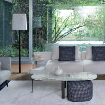 Distinguished CTS Salotti Brera ottoman built in textured charcoal-gray woven fabric with a lighter gray pattern and geometric profile