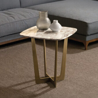 Distinguished CTS Salotti Charme side table with white marble top and warm gold-toned metal structure in satin finish