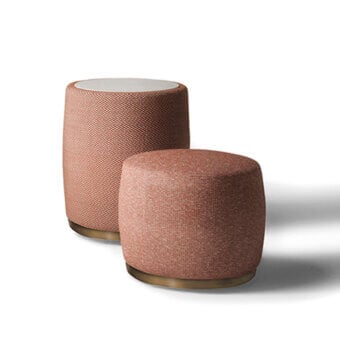Exceptional CTS Salotti Domino ottoman & side table upholstered in textured terracotta and rust fabric with warm-toned metallic base and white stoneware tabletop