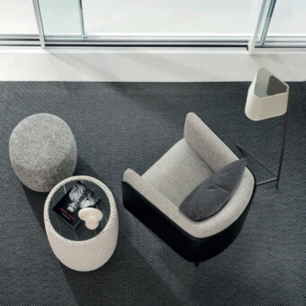 Superior CTS Salotti Domino ottoman & side table upholstered in light gray textured fabric with matte white porcelain stoneware top