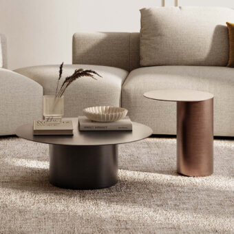 Superior CTS Salotti Eclipse coffee table crafted in dark brown metal with a lighter-toned round top and satin finish
