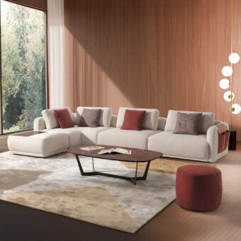 Distinguished CTS Salotti Kant sectional with light beige textured fabric upholstery and reddish-brown cushions crafted in solid fir wood