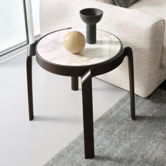 Distinguished CTS Salotti Tape side table with a gracefully curved solid wood frame and marbled beige tabletop in a satin finish