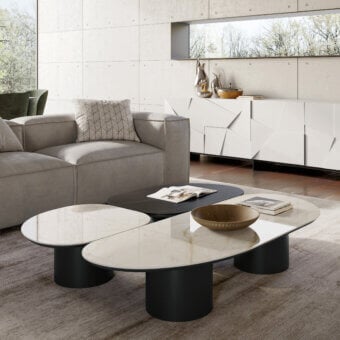 Distinctive Dallagnese Atollo coffee table with organically shaped stoneware and sleek black metal base