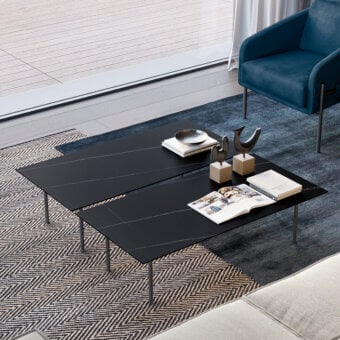 Distinguished Dallagnese Azimut coffee table with dark-toned wood and glossy finish supported by brushed silver metal legs
