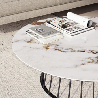 Distinguished Dallagnese Bomber coffee table with glossy white tabletop and matte black metal rod base crafted with grey and gold marble veining