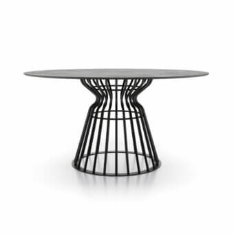 Distinguished Dallagnese Bomber table with round dark tabletop and dramatically flared matte black metal cage base