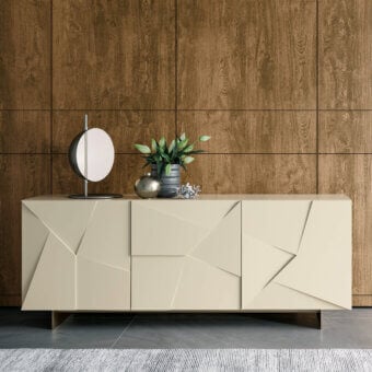 Distinguished Dallagnese Concrete sideboard with faceted doors and pale beige matte finish offers sculpted storage