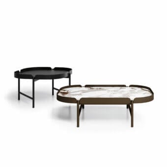 Sophisticated Dallagnese Cosmo coffee table with white and brown veined tabletop and matte-finish metal rod legs