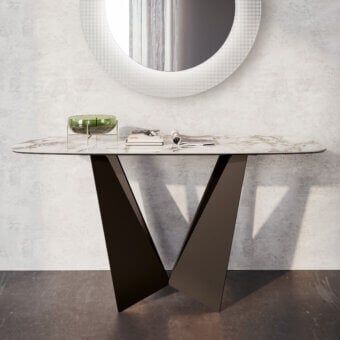 Distinguished Dallagnese Eiffel console with sculptural metal base and sophisticated stoneware top in light beige and deep brown tones