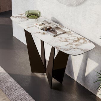 Superior Dallagnese Eiffel console with white marble tabletop exhibiting gold and brown veining and sculptural metal base