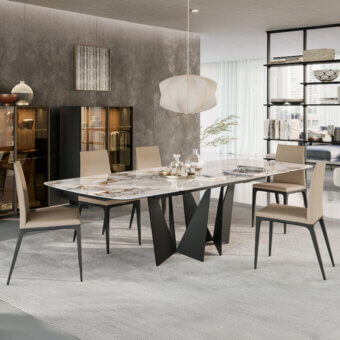 Superior Dallagnese Eiffel table with marbled composite tabletop in white, gray, and beige shades and matte dark gray metal blades