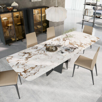 Elegant Dallagnese Eiffel table with white, beige, and gold marble-like laminate tabletop and glossy finish supported by dark gray metal blades