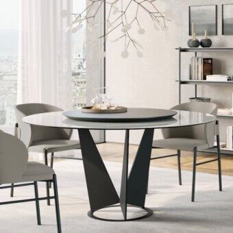 Distinctive Dallagnese Eiffel round table with light gray glass tabletop and matte dark gray metal base crafted in balanced geometry