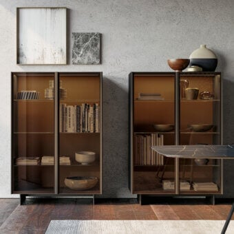 Superior Dallagnese Glass Up cupboard with amber-toned wood and transparent glass doors exhibiting a minimalist design