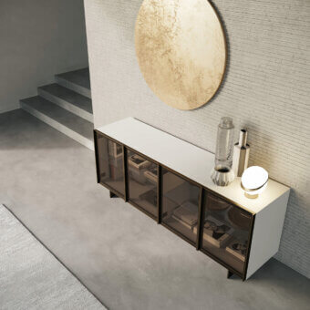 Superior Dallagnese Glass Up sideboard with a dark brown aluminum frame and transparent glass shelving in satin finish