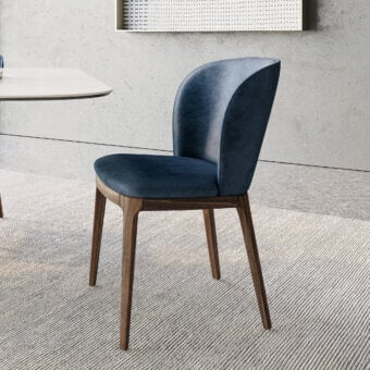 Distinguished Dallagnese Gulp chair with deep navy textile upholstery and a satin finished wooden base